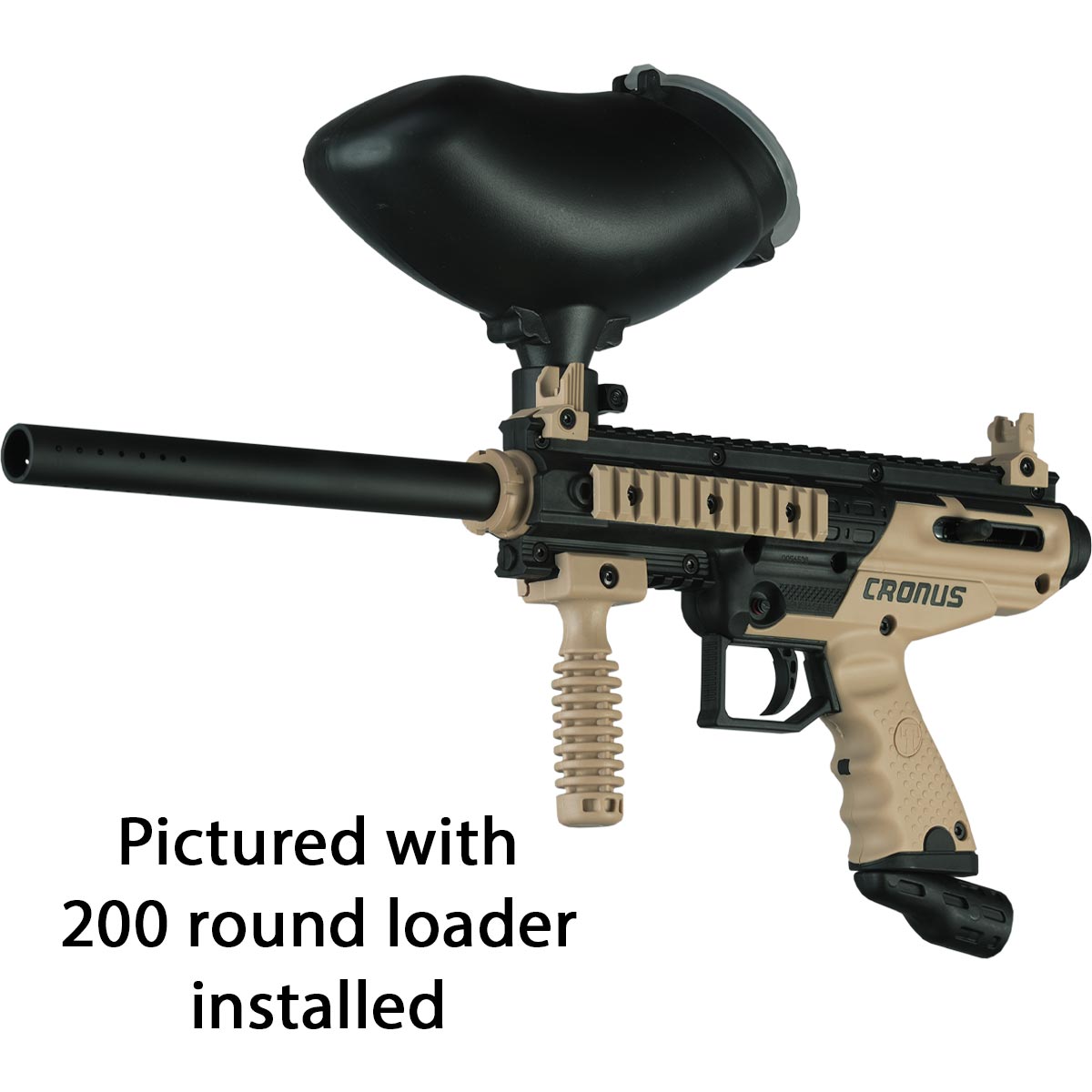 Left side angle Tippman Cronus Basic beginner mechanical paintball marker with a gravity loader hopper on a white background