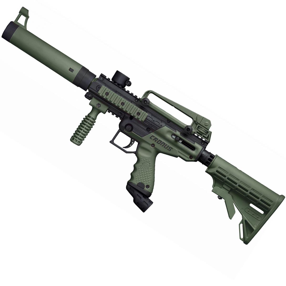 Left side Tippmann Cronus Tactical Mechanical Beginner Paintball Marker in Olive and Black on a white background