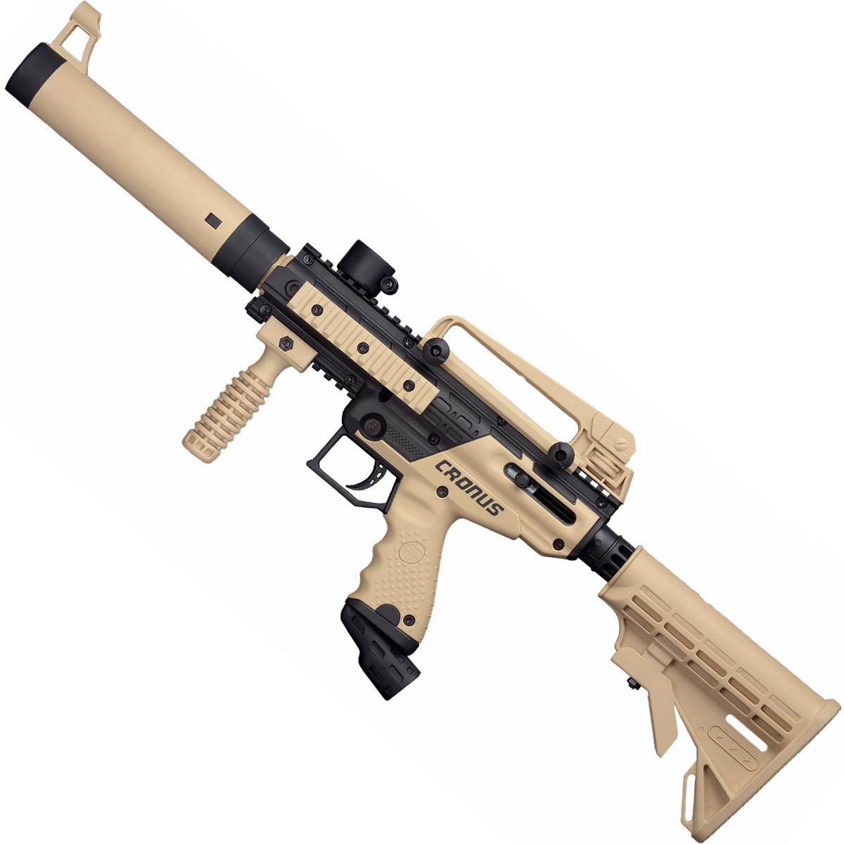 Left side Tippmann Cronus Tactical Beginner Mechanical Paintball Marker Tan with adjustable stock on a white background