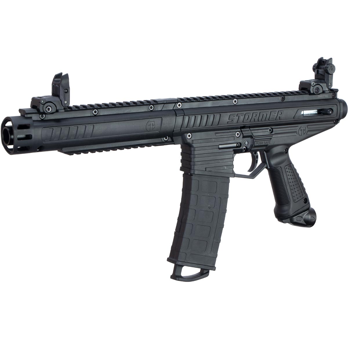 Tippmann Stormer Elite Dual Feed Paintball Marker Black on a white background without stock