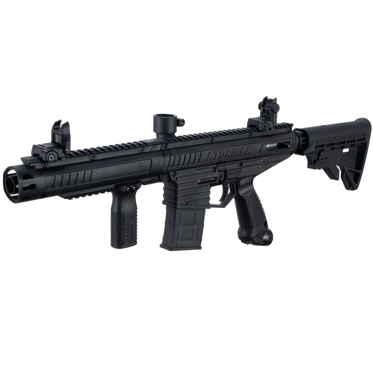 Left front angle Tippmann Stormer Elite Dual Feed Paintball Marker Black on a white background