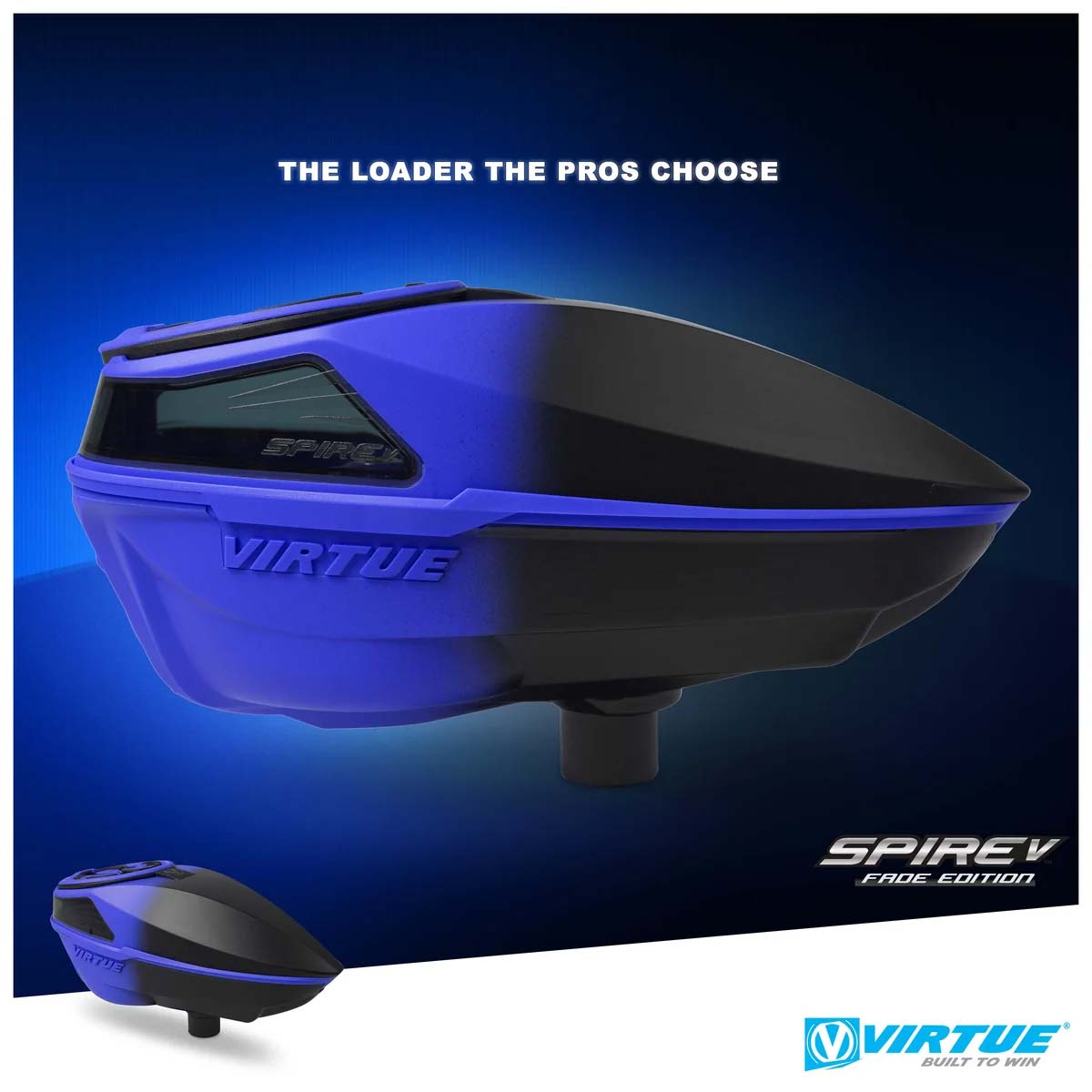 Blue and black electronic paintball hopper Virtue Spire V 5 Loader Blue Black Fade with text 'the loader the pros choose' and 'spire V fade edition on a blue background.