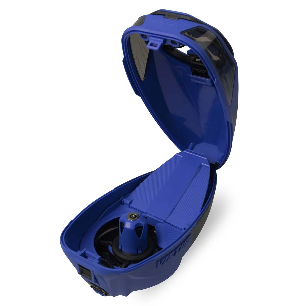 Open view of Blue and black electronic paintball hopper Virtue Spire V 5 Loader Blue Black Fade on a white background