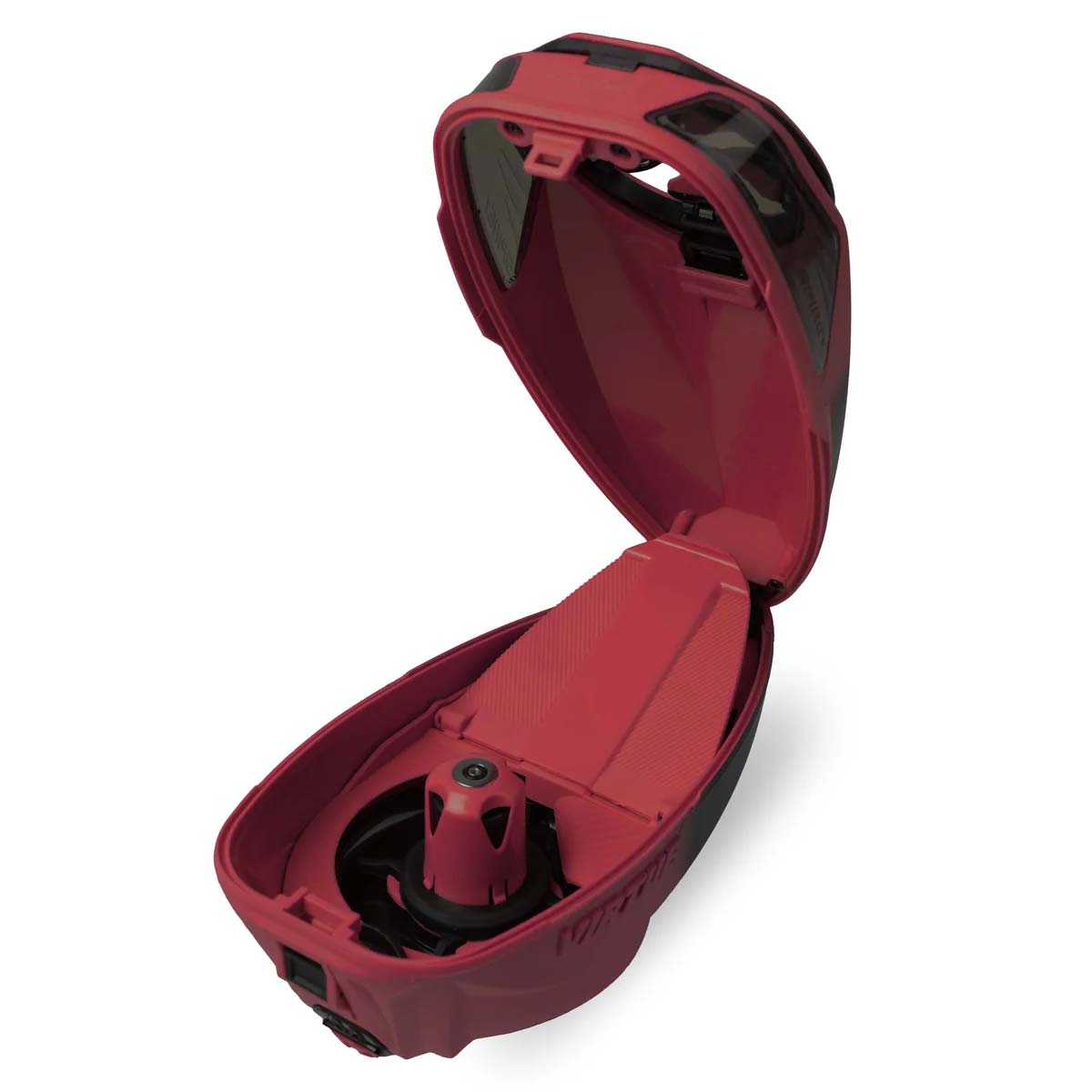 Black and red electronic paintball hopper Virtue Spire V 5 Loader Red Black Fade open to show internals installed, shown on a white background