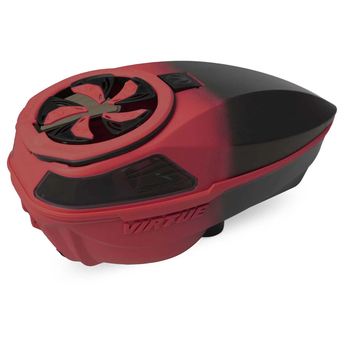Black and red electronic paintball hopper Virtue Spire V 5 Loader Red Black Fade featuring speed feed installed shown on a white background