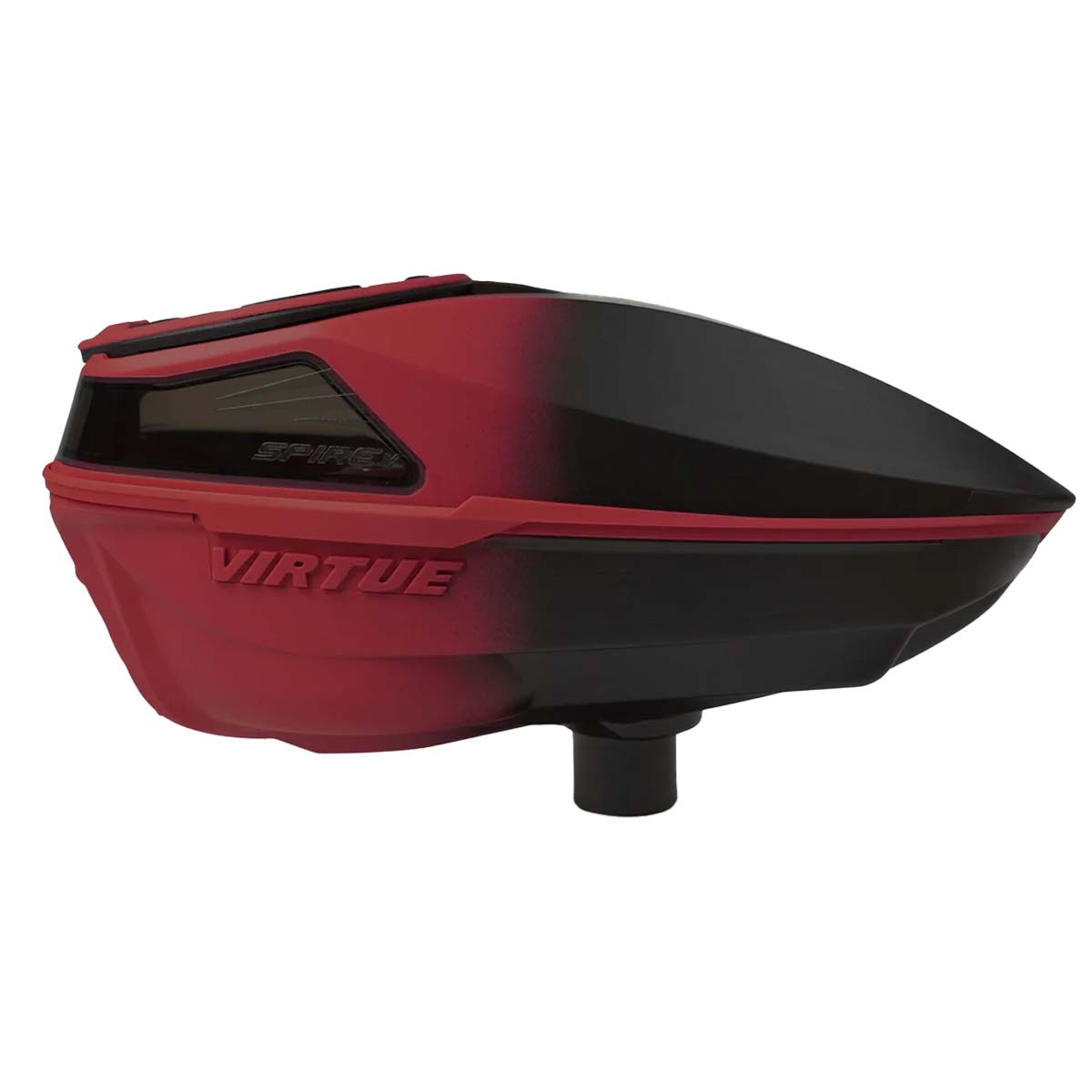 Black and red electronic paintball hopper Virtue Spire V 5 Loader Red Black Fade on a white background