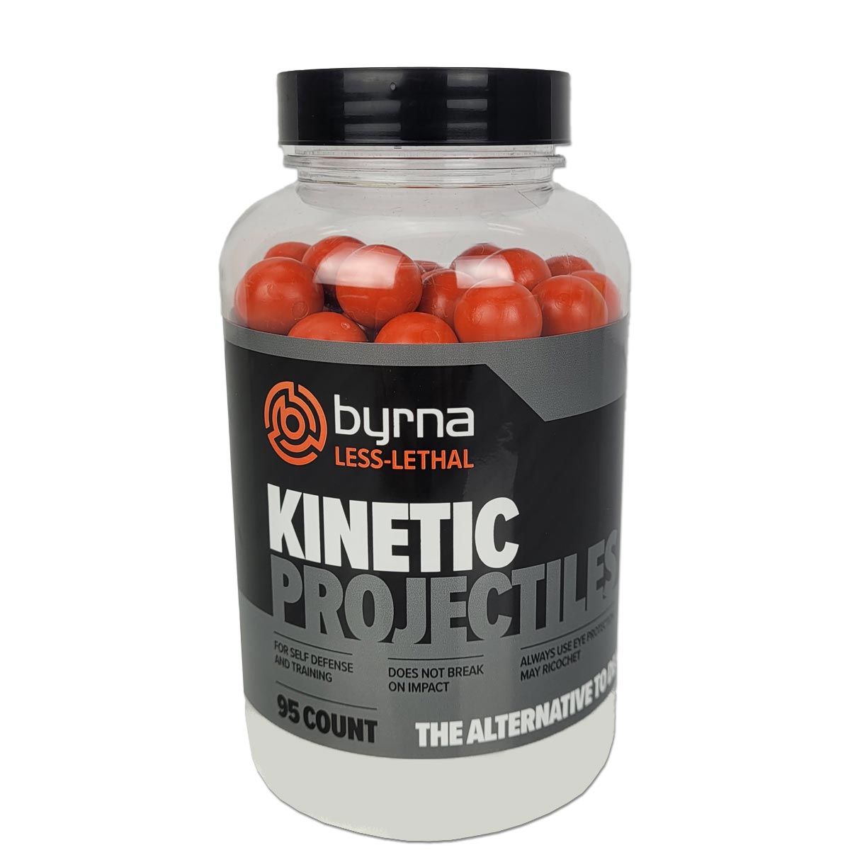 A clear plastic jar containing orange .61 caliber kinetic projectiles with the Byrna brand logo on the label.