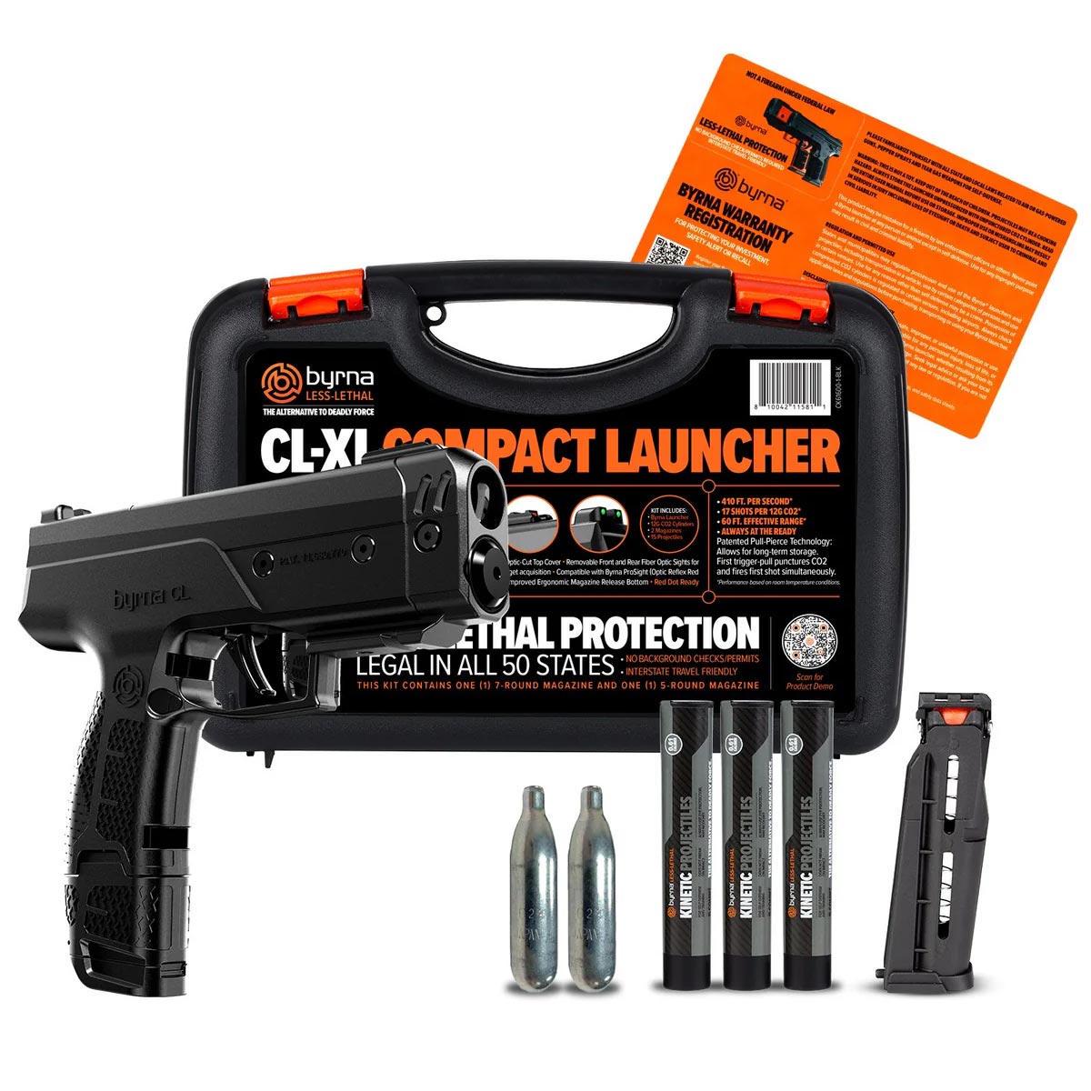 Byrna CL-XL launcher in black with case, extra magazine, 12 gram co2, and projectiles