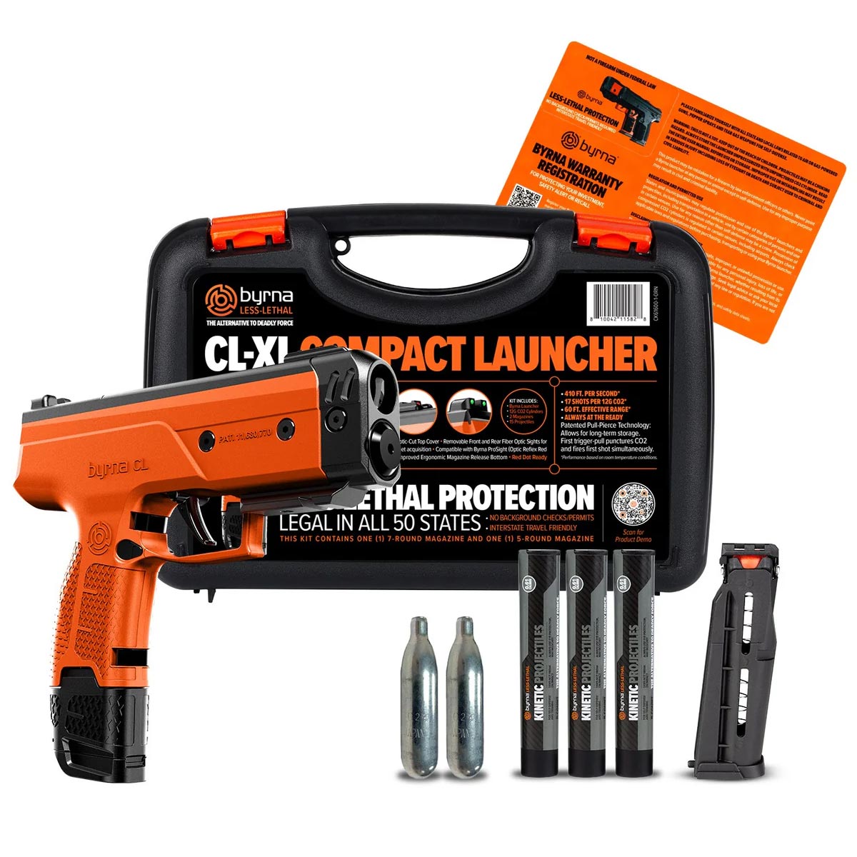 Byrna CL-XL launcher in orange with case, extra magazine, co2, and projectiles