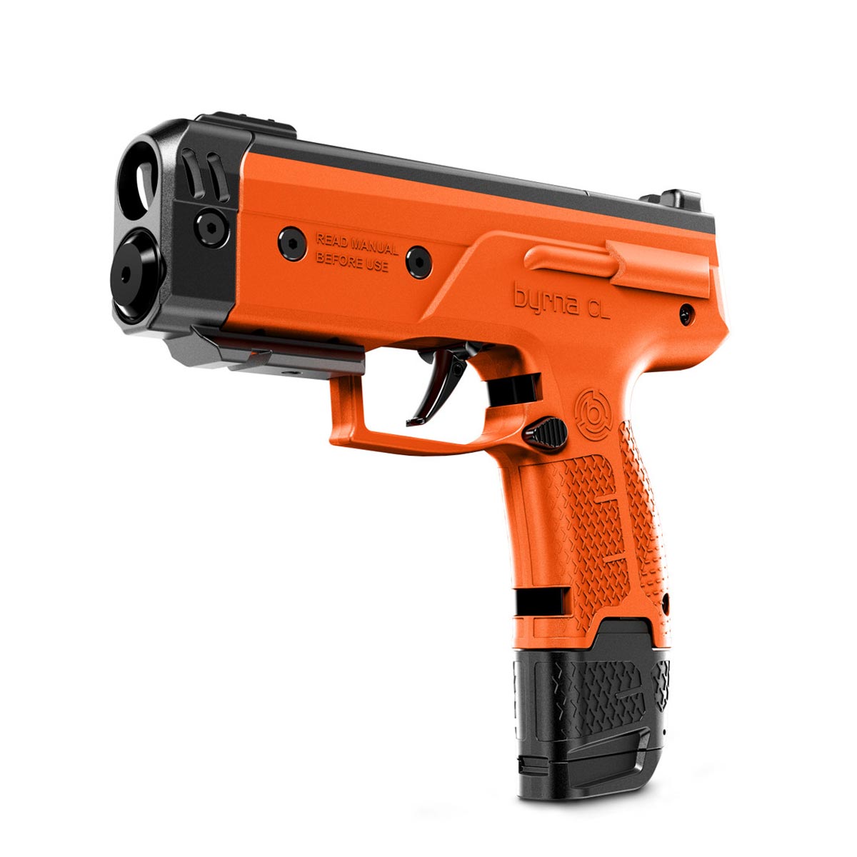 Byrna CLXL Orange launcher left side angled view on white background