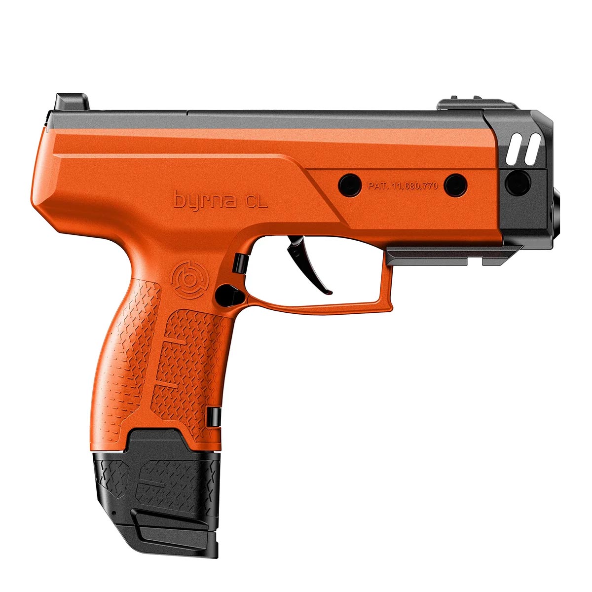 Byrna CLXL Orange less lethal 410fps launcher right side profile view on white background