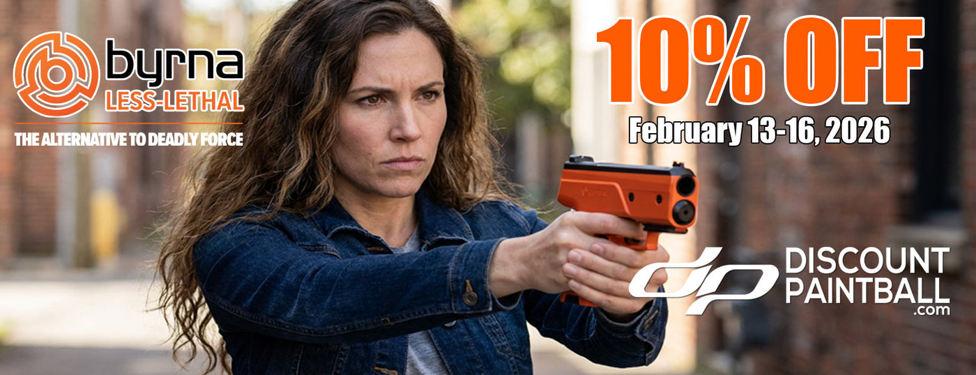 Woman Shooting an orange Byrna CL 10% Off Sale at discountpaintball.com