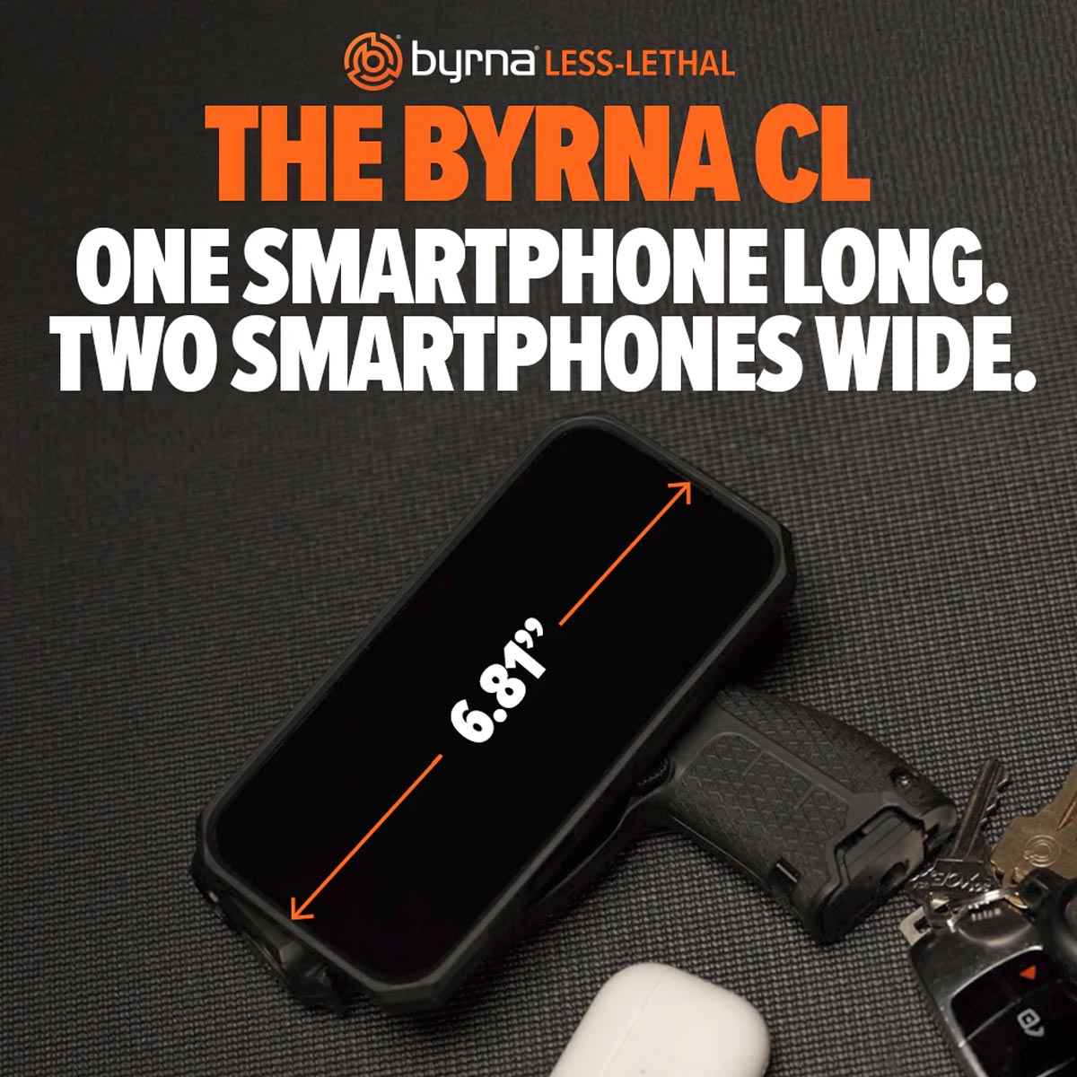 byrna cl launcher size comparison to a cell phone graphic on a black blackground