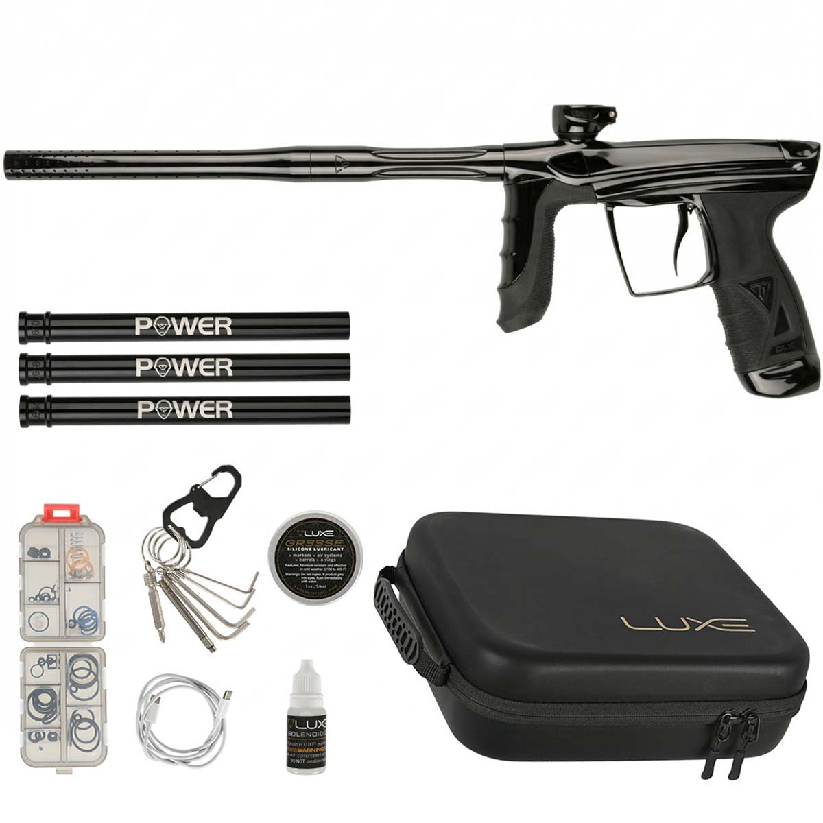 DLX Luxe Aire Paintball Marker in black polished with case and accessories