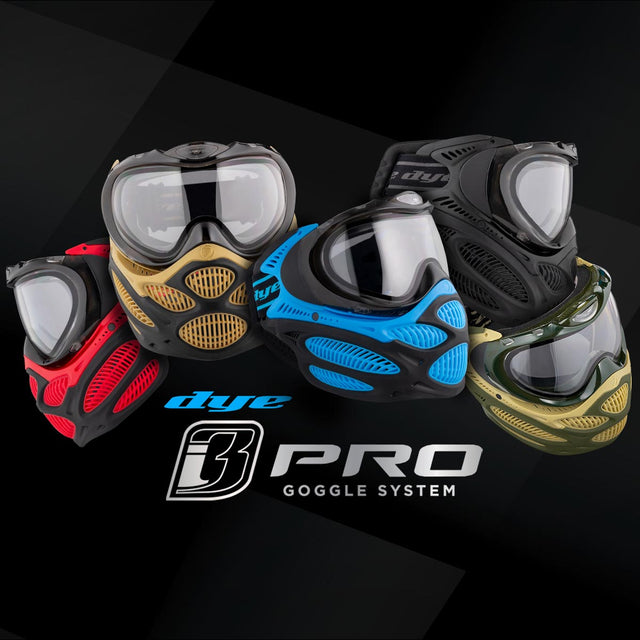 Five paintball goggles Dye I3 Pro Paintball Goggle - Anti-Fog Thermal Mask with Dye B3 Pro Goggle System branding on a black background