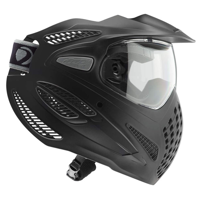 Black paintball mask with clear visor on a white background Dye SE Single Paintball Goggle Black