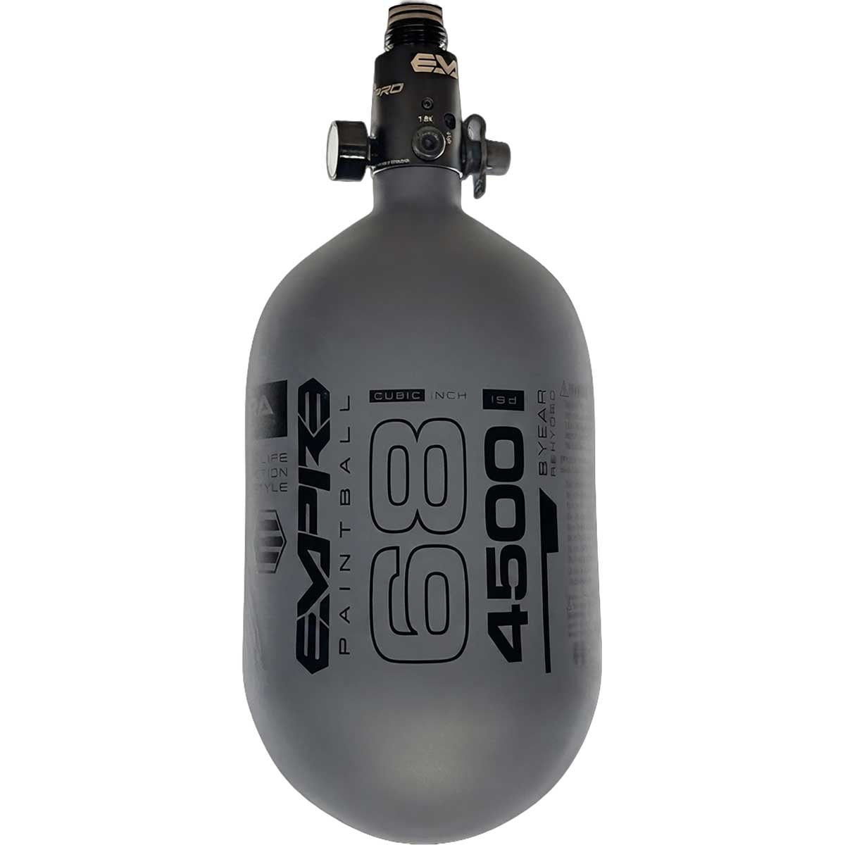 Alternate view of the Empire Ultra Lite Carbon Fiber Air Tank 68ci 4500psi Grey/Black w FLO Pro Reg