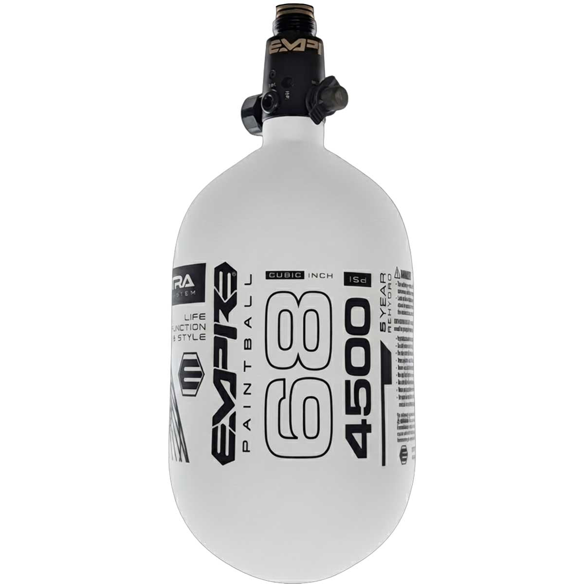 Alternate side view Empire Ultra Lite Carbon Fiber Air Tank 68ci 4500psi White/Black w FLO Pro Reg