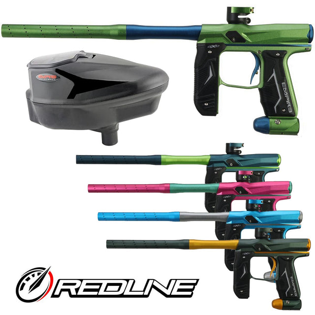 Collection of Empire Axe Redline paintbal markers with a focus on design and color, featuring a Halo Pro loader on a white background.