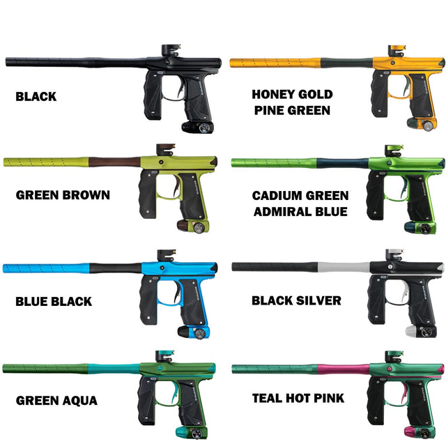 Array of Empire Mini GS paintball markers with Color names