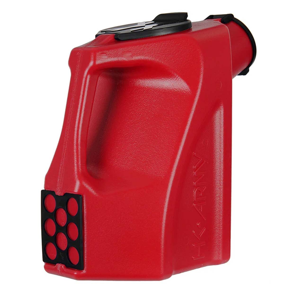 Rear view red plastic HK Army Reload Paintball Hauler Caddy for loading paintballs into pods and hoppers.
