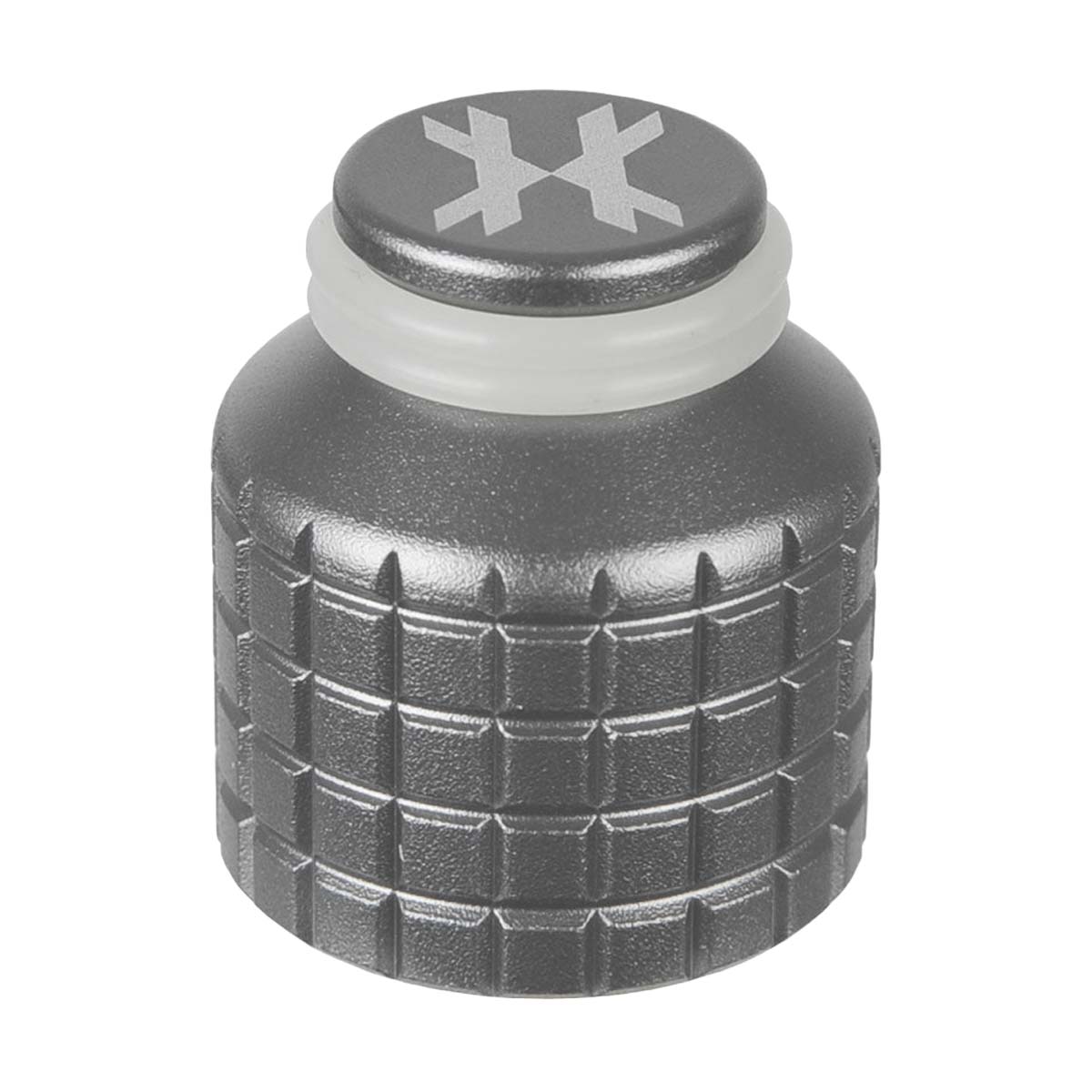 Pewter grey HK Army Thread Protector for paintball and airsoft tanks on a white background.