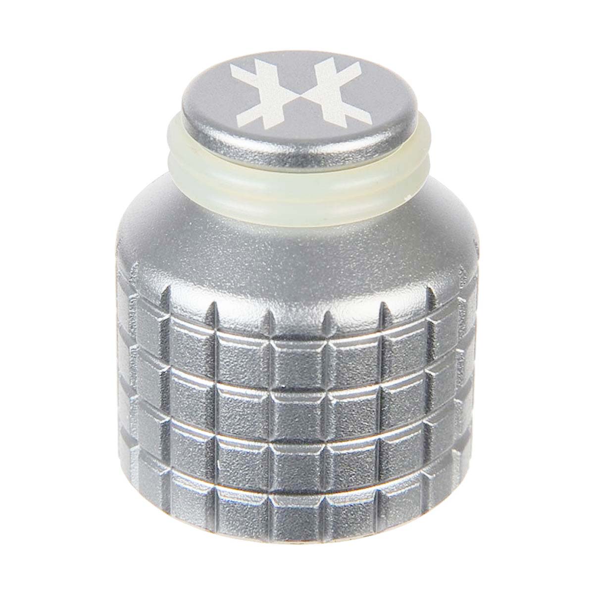 silver HK Army Thread Protector for paintball and airsoft tanks on a white background.