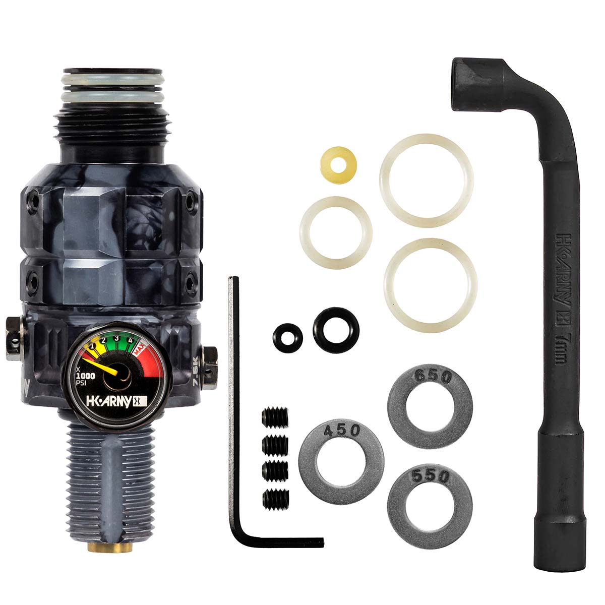 HK Army Turbine Pro Air Tank Regulator gray marble color with spare parts and tool