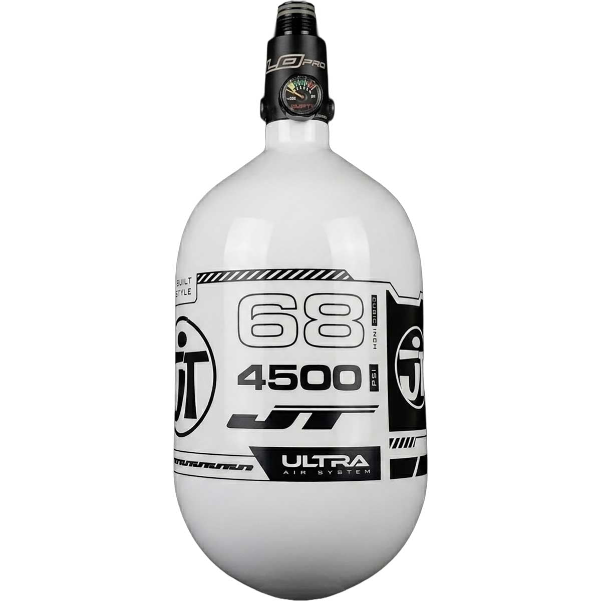 Side view of the JT Ultra Lite Carbon Fiber Air Tank 68ci 4500psi White/Black w FLO Pro Reg