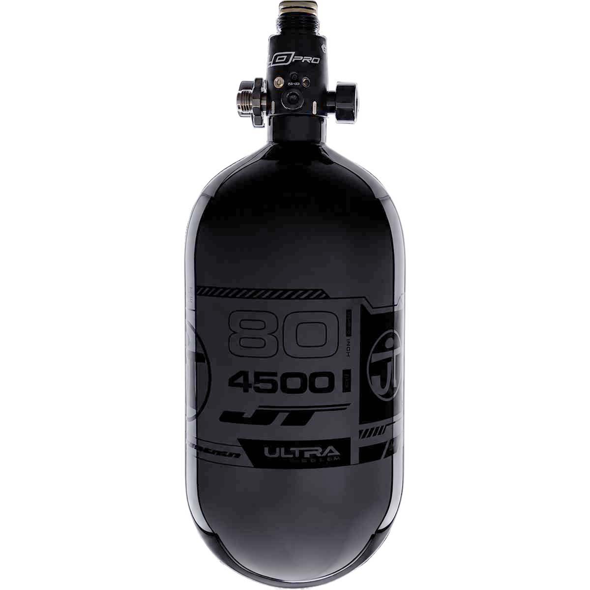 Side view of the JT Ultra Lite Carbon Fiber Air Tank 80ci 4500psi Grey/Black w FLO Pro Reg