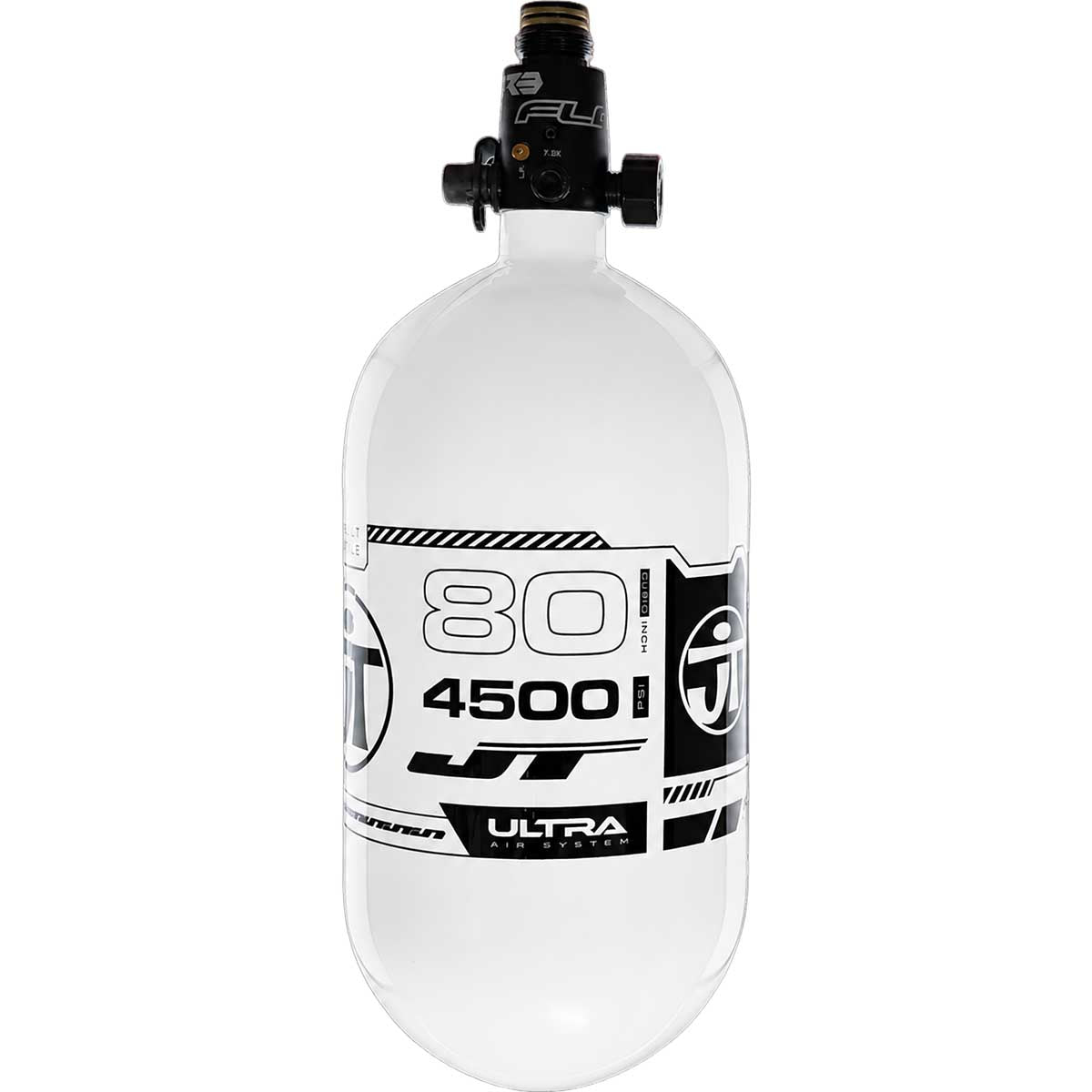 Alternate view of the JT Ultra Lite Carbon Fiber Air Tank 80ci 4500psi White/Black w FLO Pro Reg