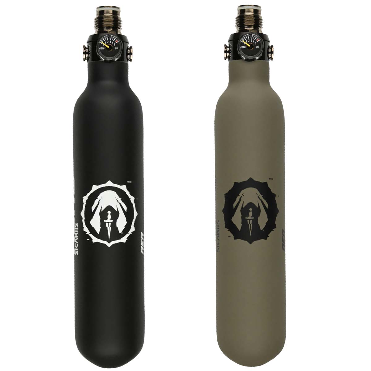 2 Compressed air tanks, one black and one FDE dark earth, Sicariis AER 15ci 4500psi Carbon Fiber Air Tank w/ First Strike Hero 2 Regulator