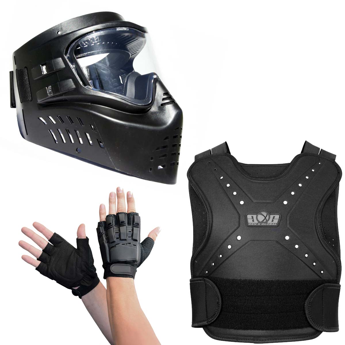 Essential field safety bundle including full face goggle chest protector and padded gloves for sporting competition