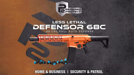 P2P Defensor 68C Orange and Black Less Lethal Self Defense Rifle and projectiles on a dark background