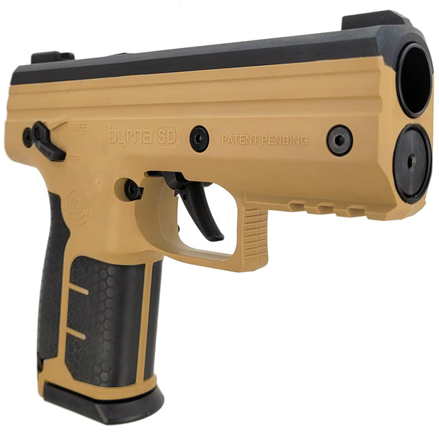 Right side angle Byrna SD Launcher Universal Kit Tan on a white background