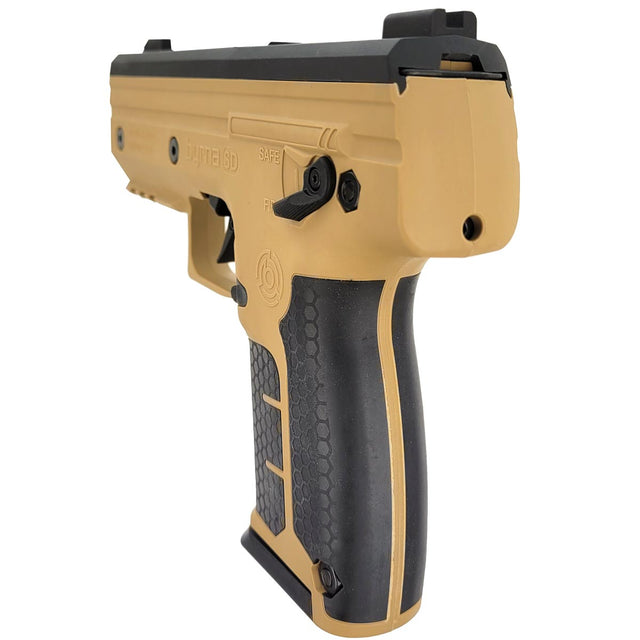 Back left side angle Byrna SD Launcher Universal Kit Tan on a white background