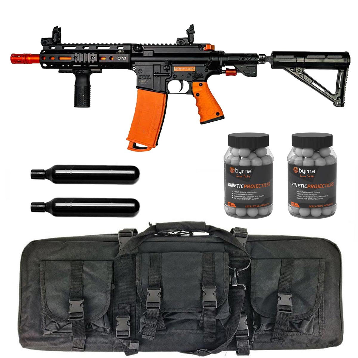 Byrna Mission 4 Launcher Bundle CA/NY Compliant with less lethal rifle, 2 CO2 90 gram cartridges, 2 containers of 95 count Byrna branded Kinetic rounds and a black rifle case.