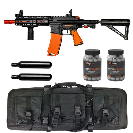 Byrna Mission 4 Launcher Bundle CA/NY Compliant with less lethal rifle, 2 CO2 90 gram cartridges, 2 containers of 95 count Byrna branded Kinetic rounds and a black rifle case.