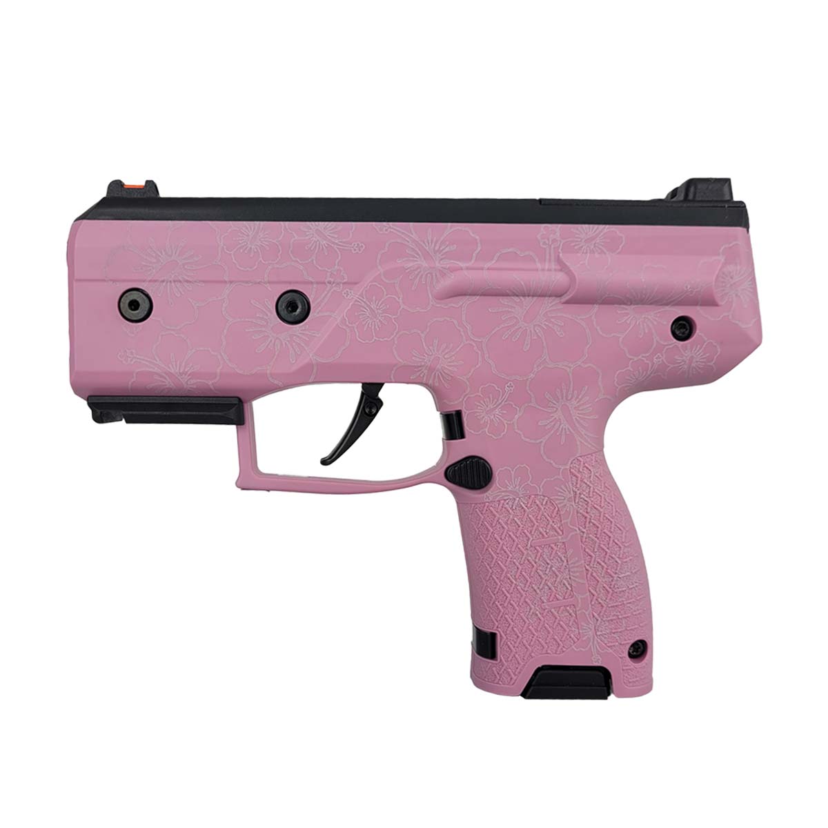 Left side view of Byrna CL Compact Launcher Engraved Hibiscus Pink
