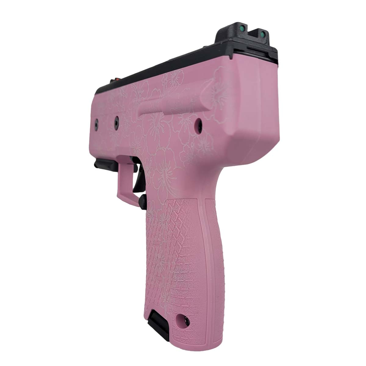 Left rear angle view of Byrna CL Compact Launcher Engraved Hibiscus Pink