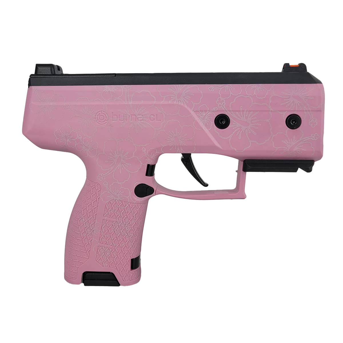 Right side view of Byrna CL Compact Launcher Engraved Hibiscus Pink