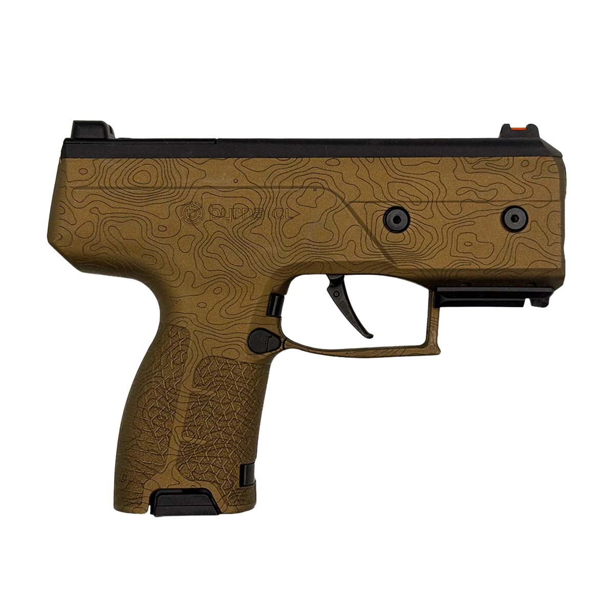 Right side Byrna CL Compact Launcher Topo Bronze on a white background.