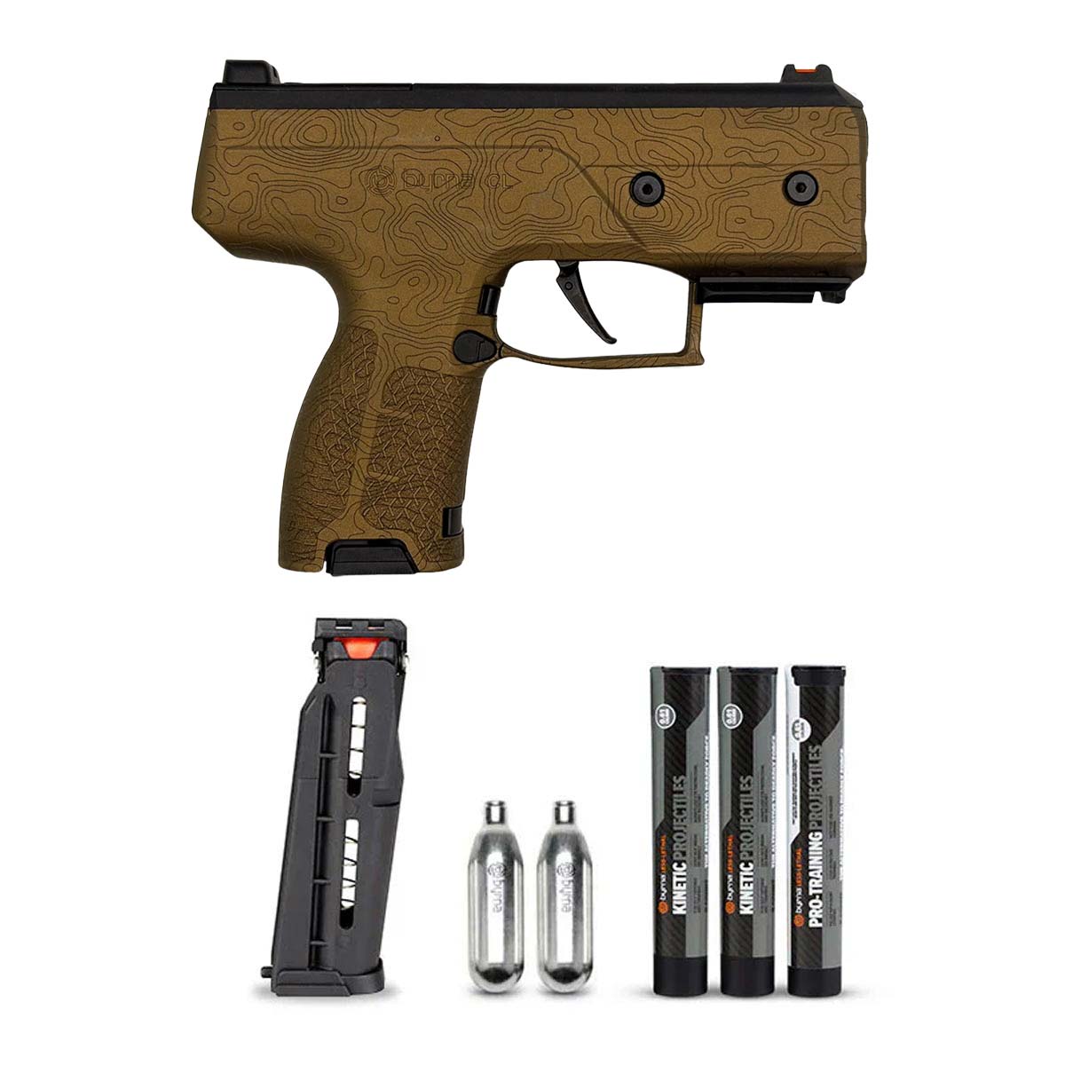 Byrna CL Compact Launcher Universal Kit Topo Bronze with a tan and black launcher, two CO2 cylinders, a black magazine, and three tubes of kinetic projectiles on a white background.