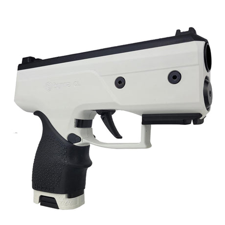 Right side angle Byrna CL Compact Launcher White with Black Grip on a white background
