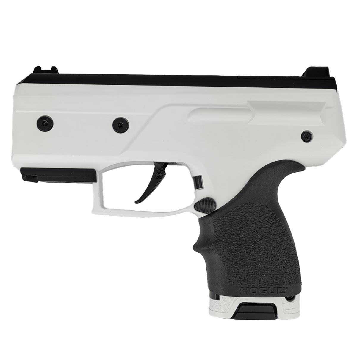 Left side Byrna CL Compact Launcher White with Black Grip on a white background