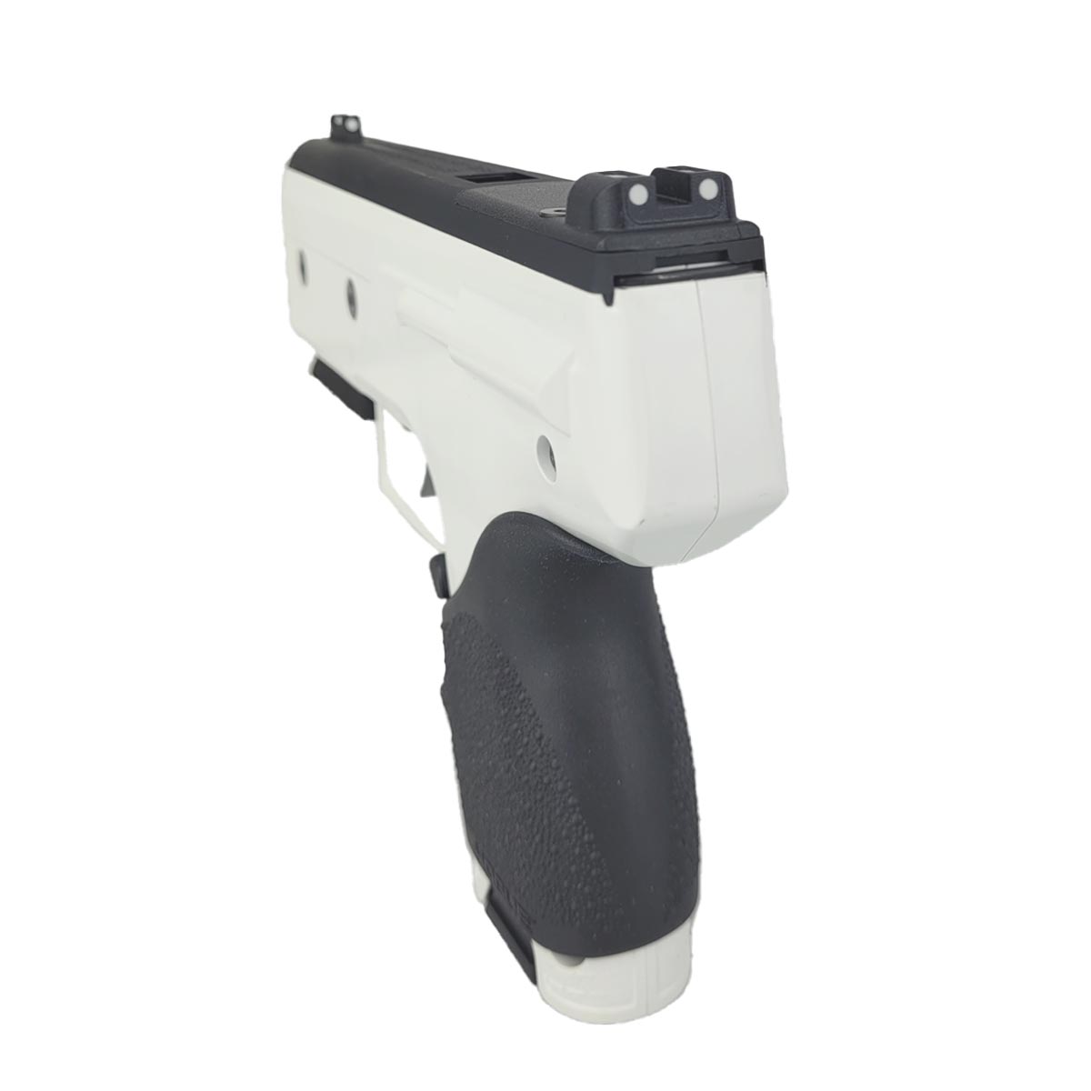 Rear view Byrna CL Compact Launcher White with Black Grip displaying sights on a white background