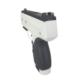 Rear view Byrna CL Compact Launcher White with Black Grip displaying sights on a white background
