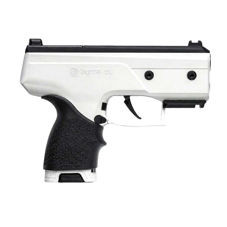 Right side Byrna CL Compact Launcher White with Black Grip displaying sights on a white background