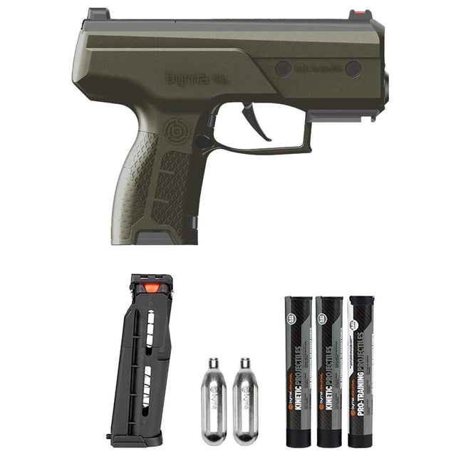 Byrna CL Compact Launcher Universal Kit Green Cerakote side view with magazine, co2 and projectiles