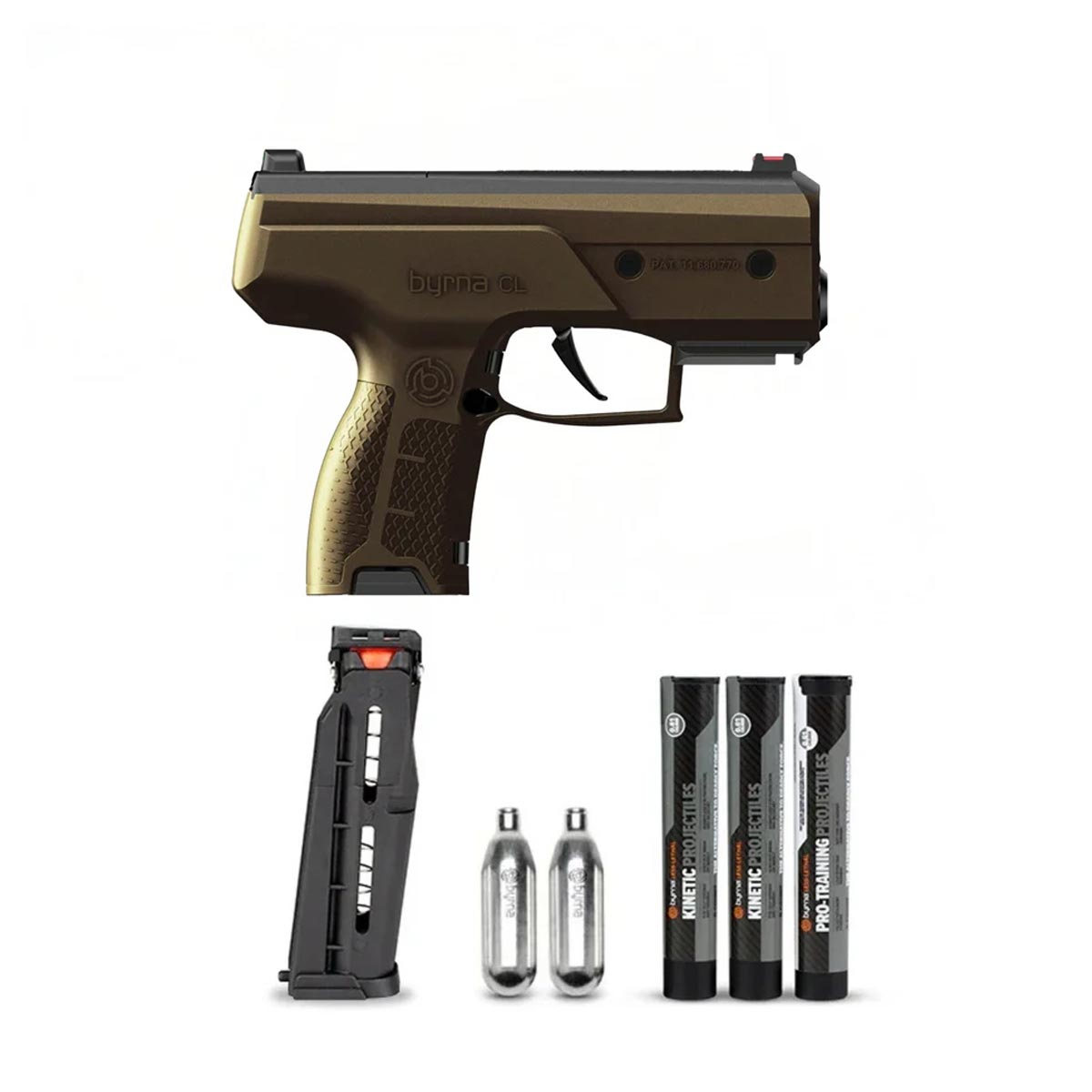 Byrna CL Compact Launcher Universal Kit Bronze side view with accessories